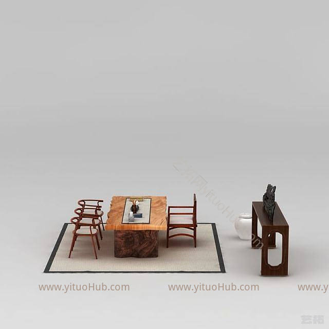 新中式茶室桌椅陈设品组合模型