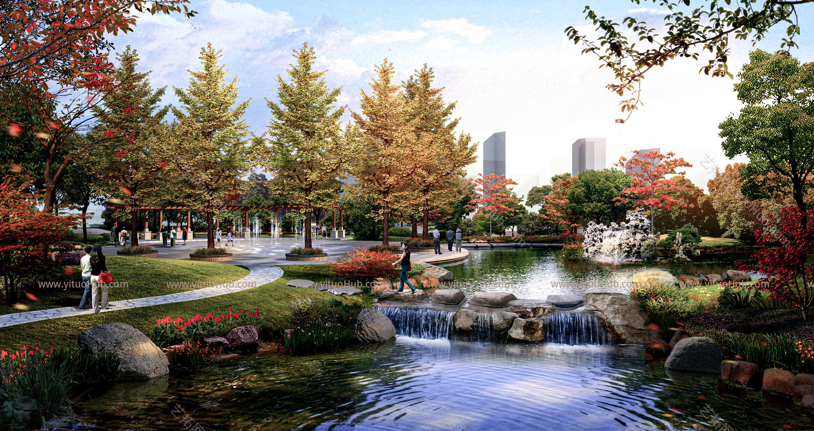 秋季滨水公园景观水景景观植物效果图