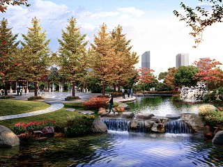 秋季滨水公园景观水景景观植物效果图