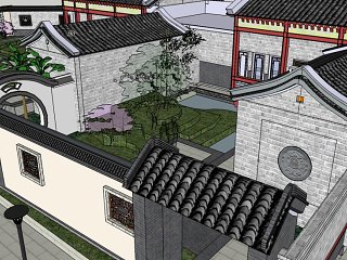 中式徽派建筑 新中式建筑 古建筑 围墙 四合院 花园
