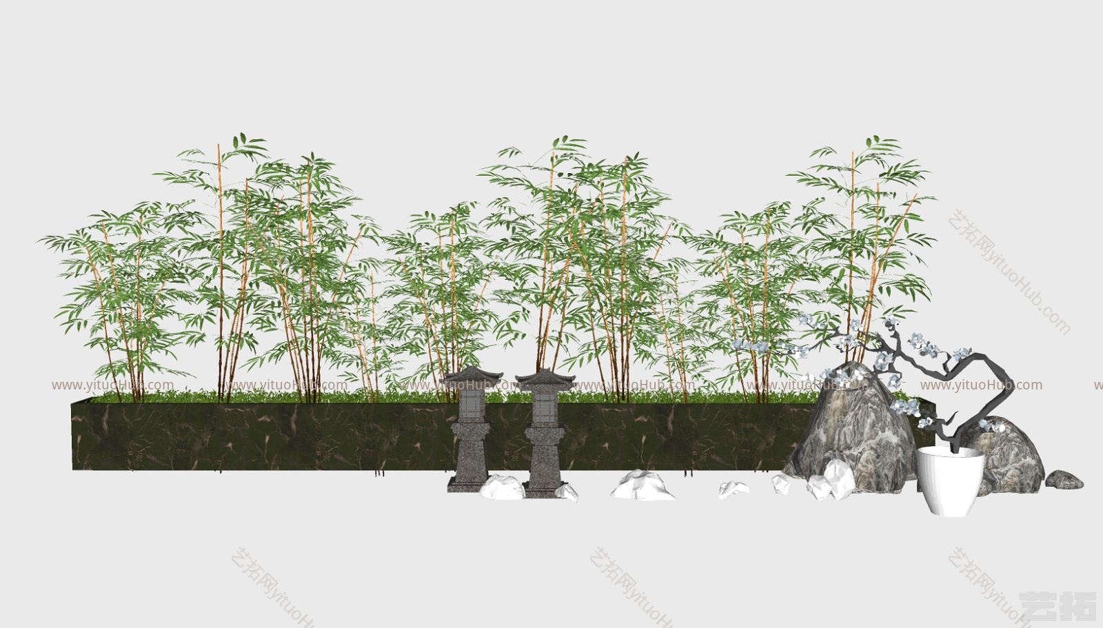 现代富贵竹子假山植物盆栽小品组合