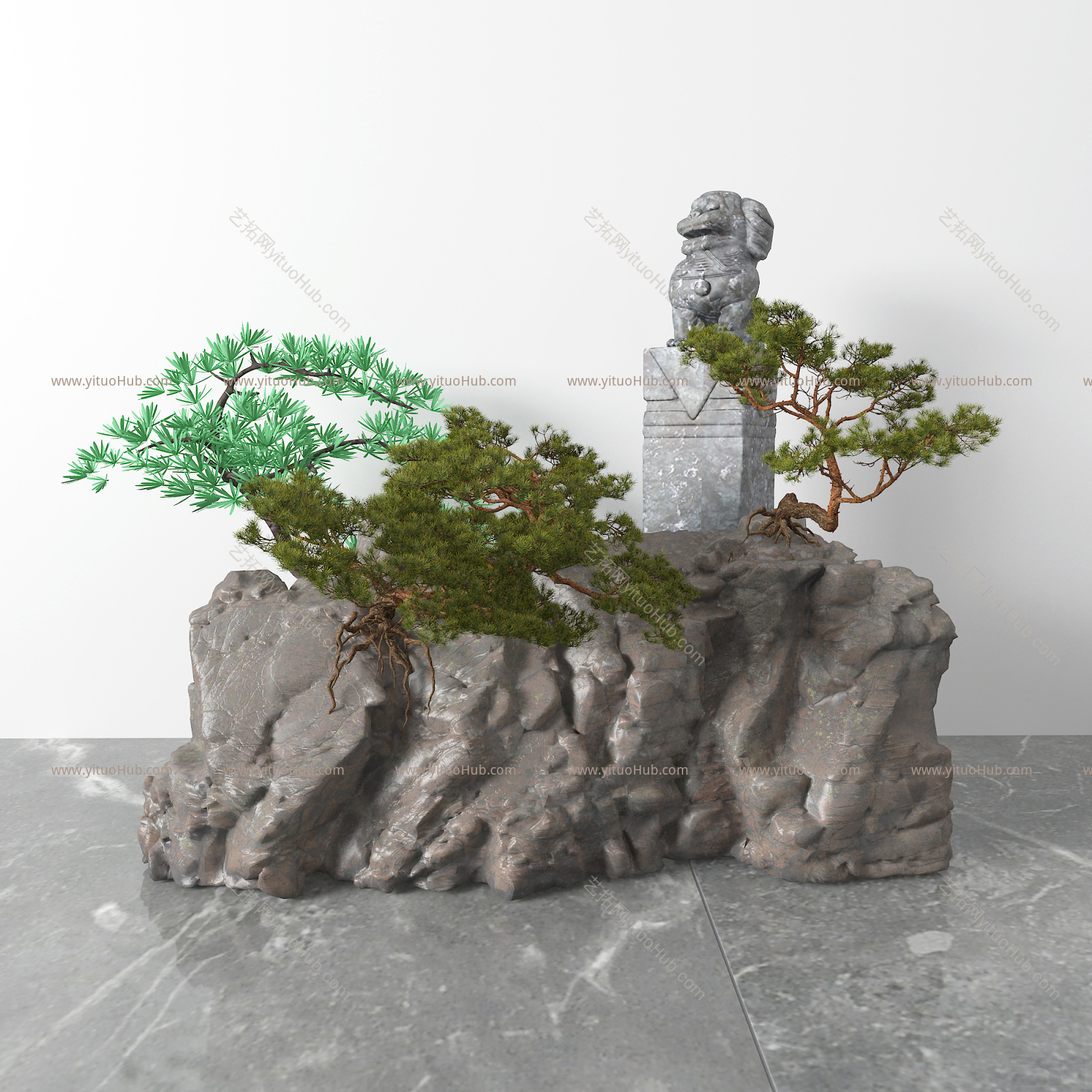新中式松树 石狮子