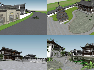 中式古建筑 会所 岳阳楼 雷锋塔 大门 院落 池塘 古建筑群