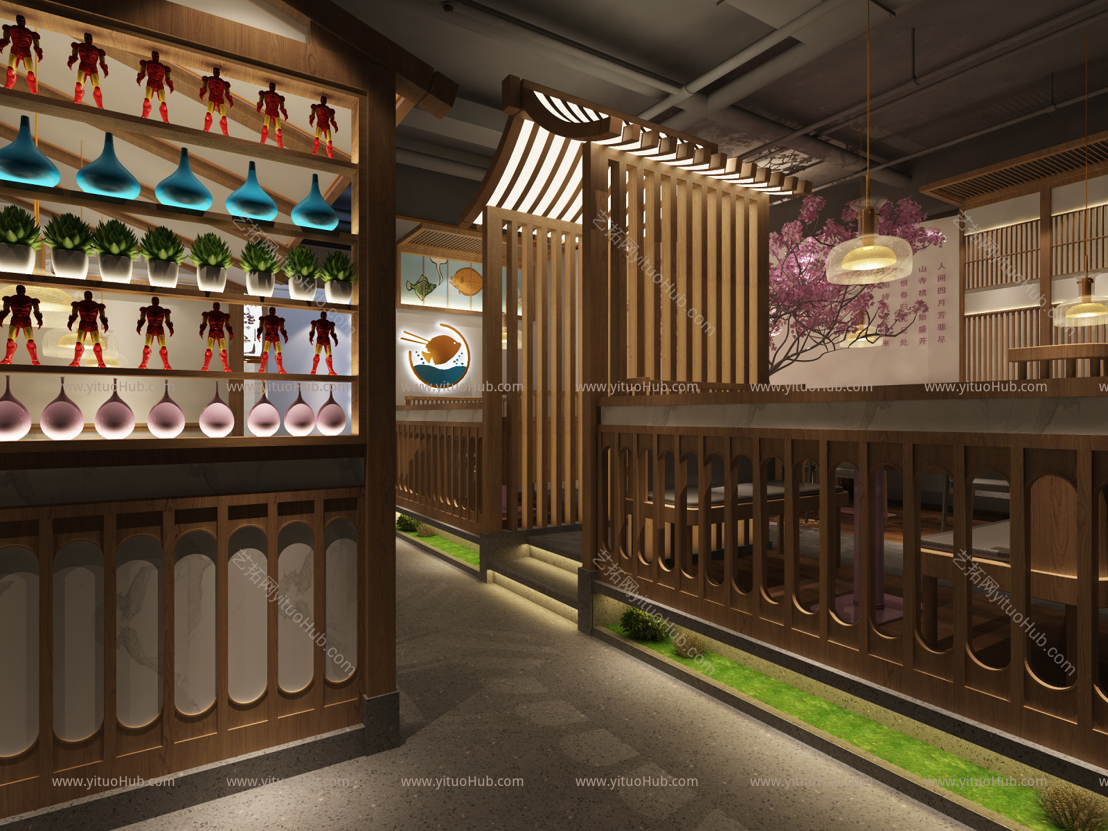 新中式餐厅卡座区 餐桌椅组合 橱柜