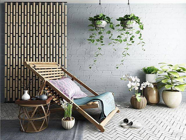 现代阳台躺椅植物组合模型