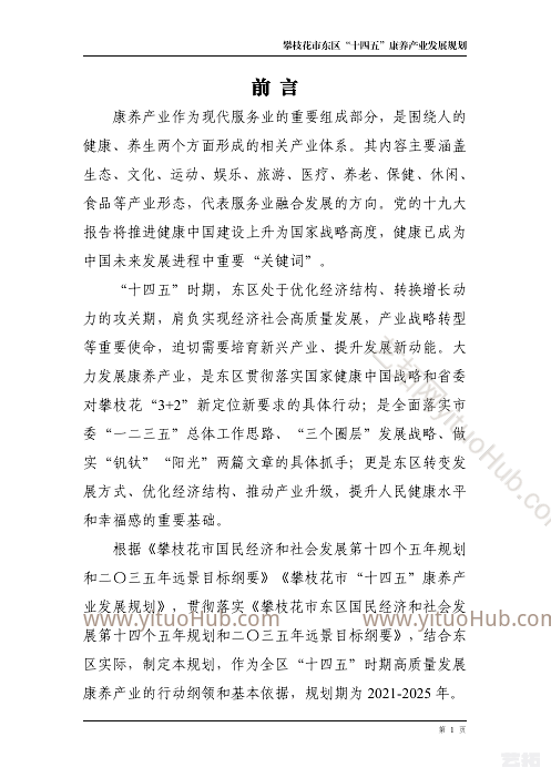 攀枝花市东区“十四五”康养 产业发展规划