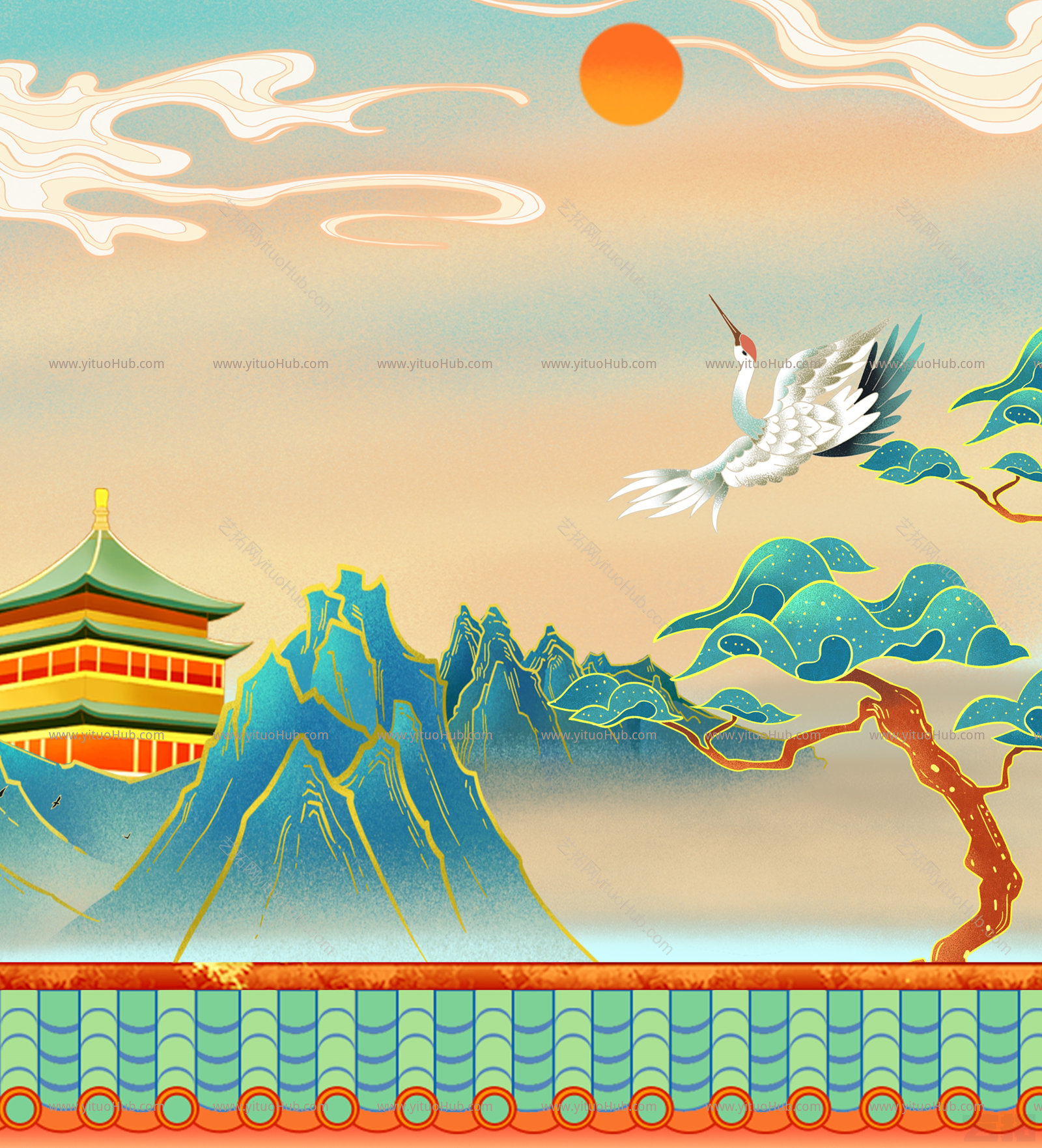 国潮风城市地标建筑插画