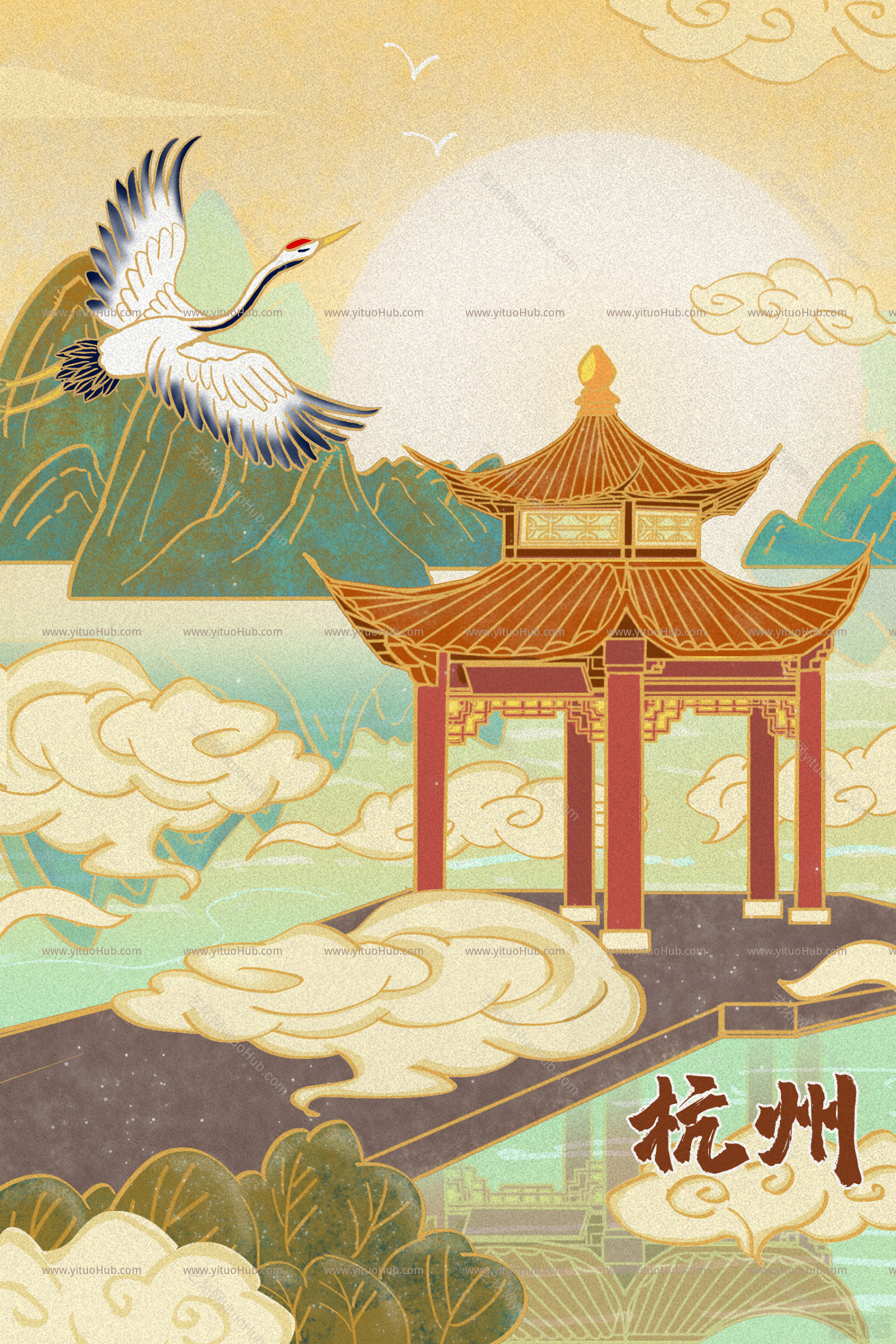  国潮风建筑插画