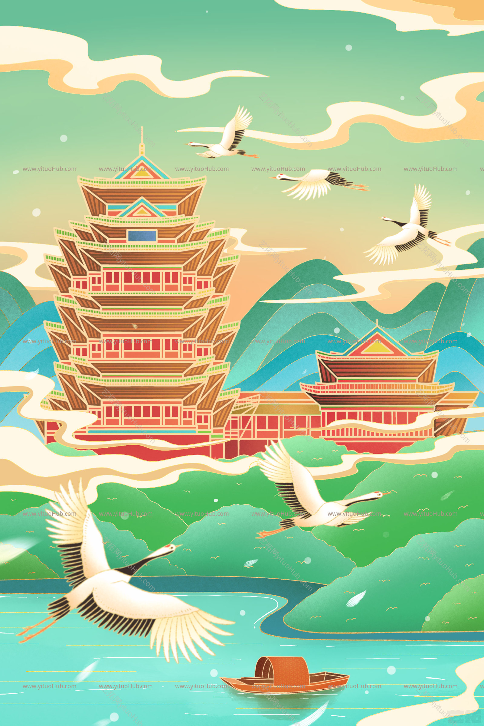 国潮风建筑插画