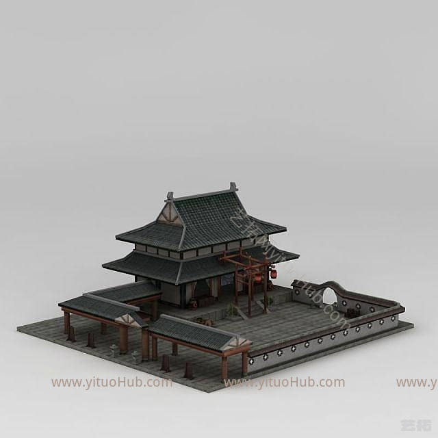 现代古代阁楼庭院模型