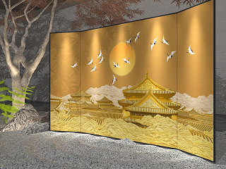 新中式意境屏风3D模型