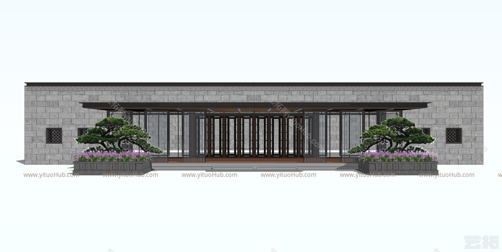 新中式住宅小区别墅入口景观大门建筑廊架景观小品模型