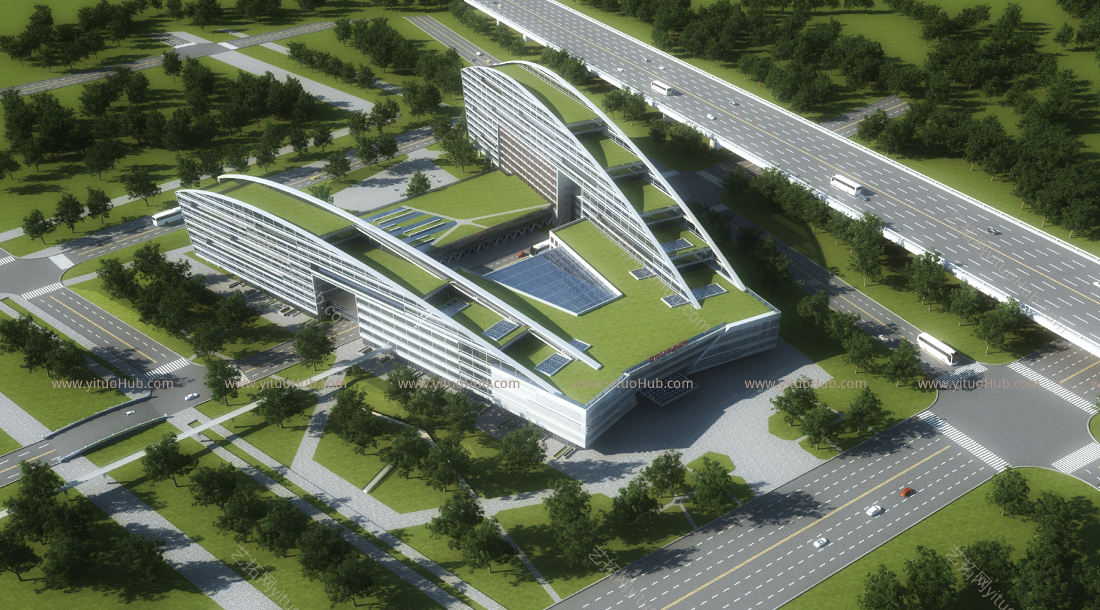 现代办公楼医院建筑鸟瞰规划