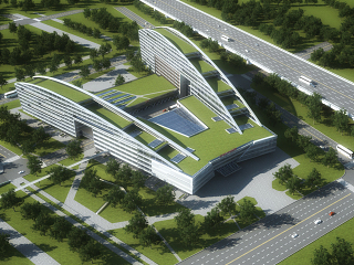 现代办公楼医院建筑鸟瞰规划