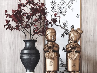 新中式拜年福娃雕塑装饰摆件 禅意植物盆栽 盆景 陈设品