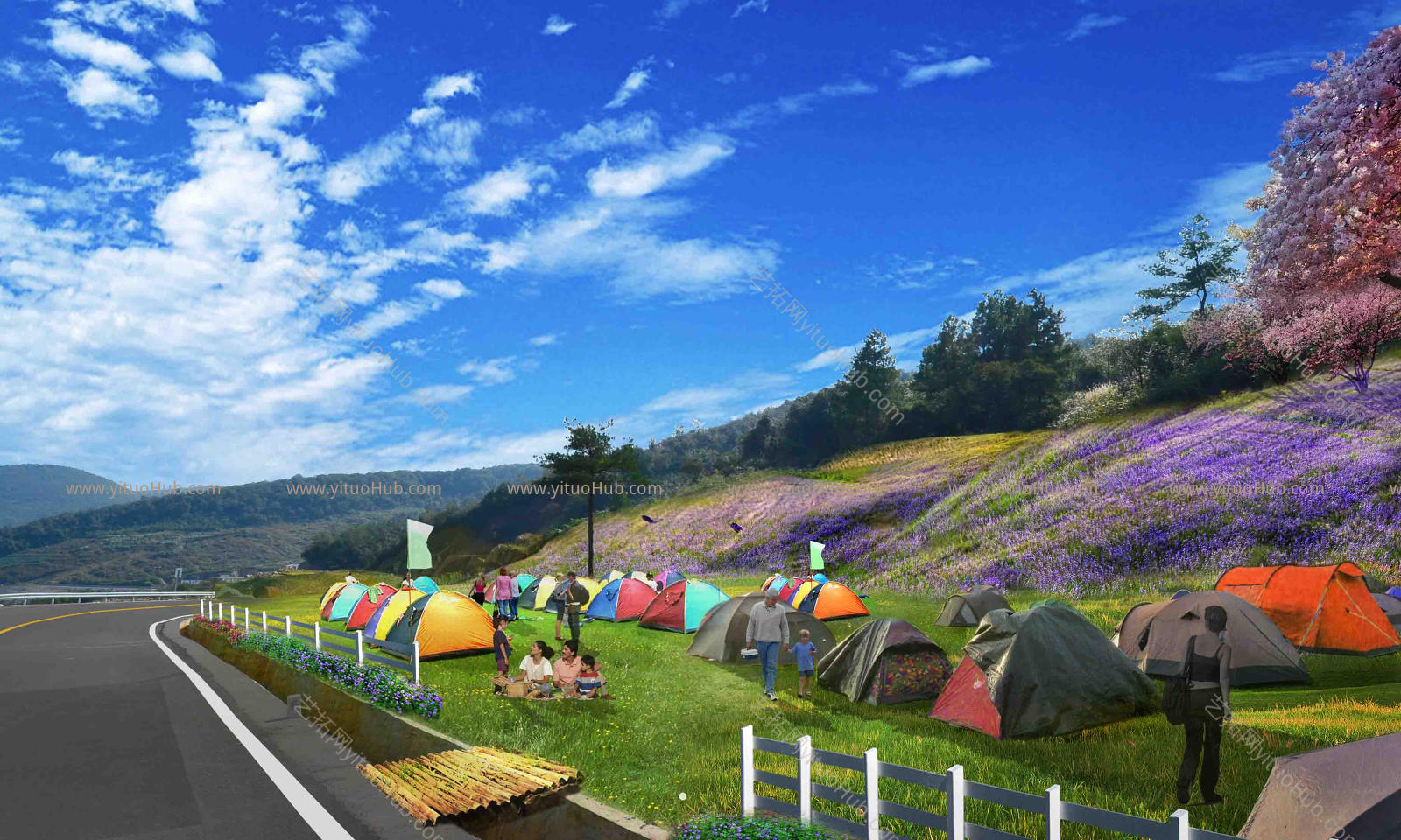 公路道路两侧花坡植物露营基地免扣