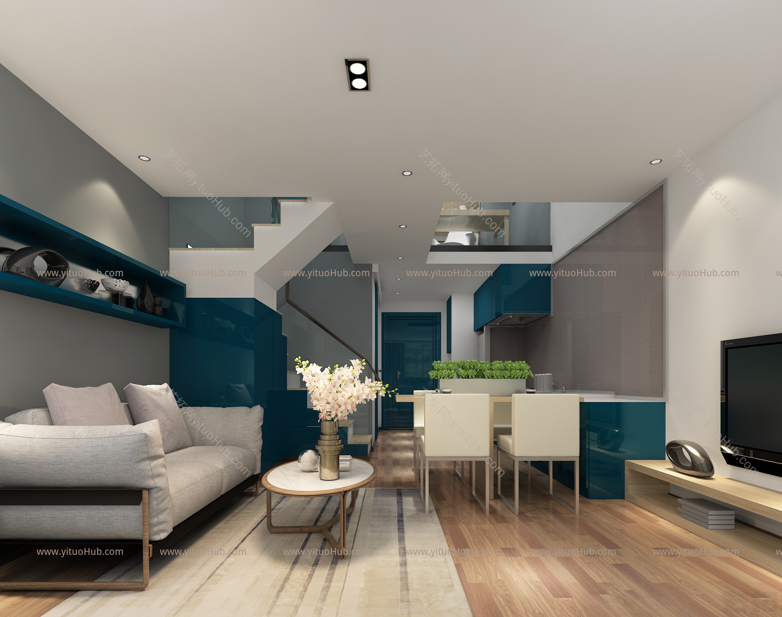现代简约loft客厅 卧室 工作空间