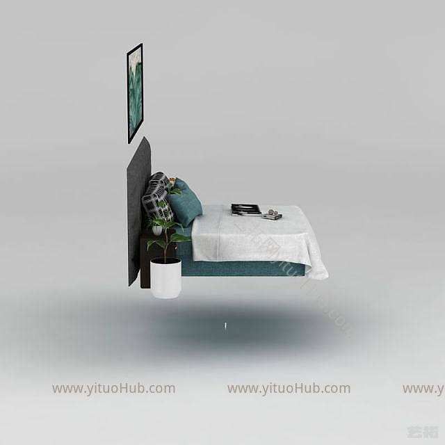 现代卧室床台灯组合模型