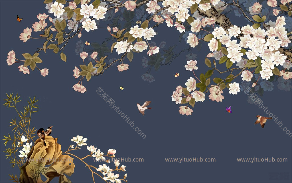 新中式鸟壁纸壁布工笔画花 (2)