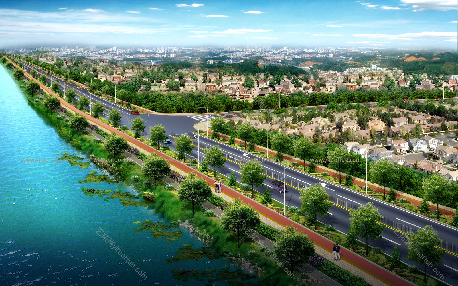 园林景观道路绿化透视图