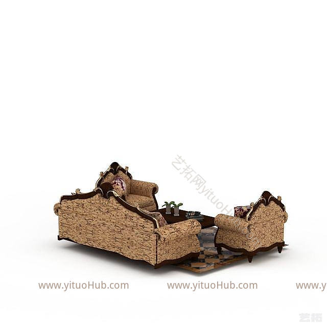 简欧精美欧式印花布艺沙发套装模型