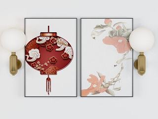 现代灯笼国风装饰画模型