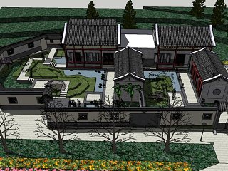 中式徽派建筑 新中式建筑 古建筑 围墙 四合院 花园