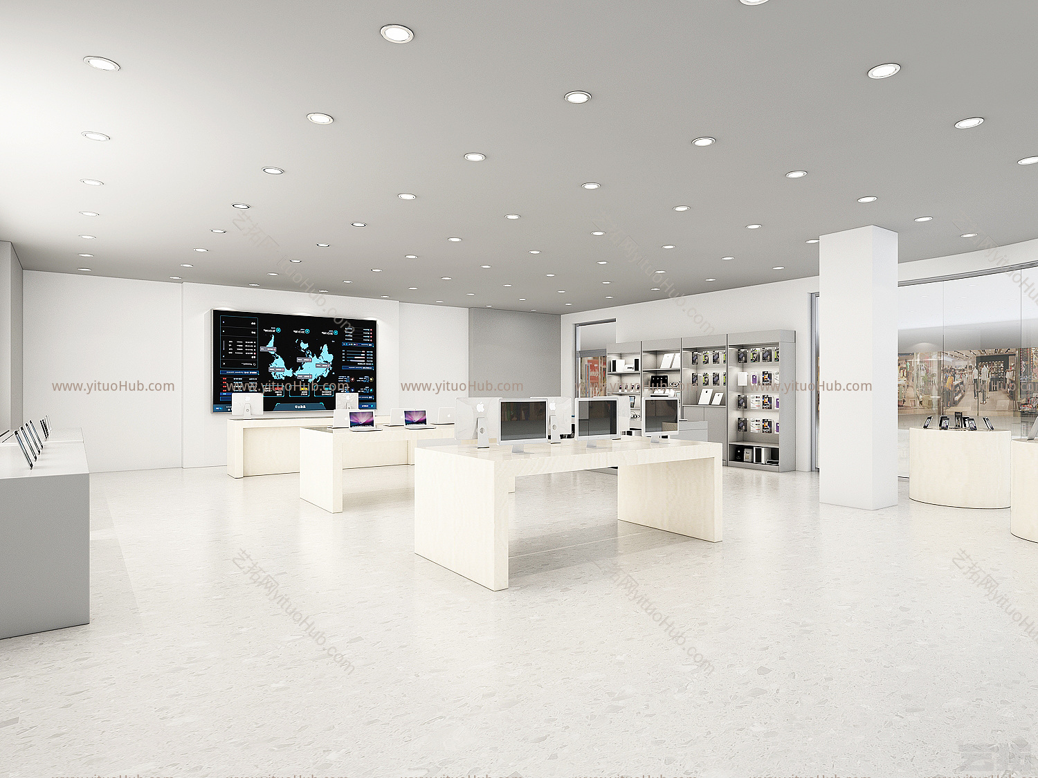 商场商铺，店铺门面店面，苹果手机数码店柜台，展示柜架，展台，柜台，手机店