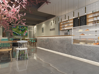 现代奶茶店 餐桌 蛋糕柜 店面 咖啡桌椅 水果柜 货架 投影 树 咖啡厅