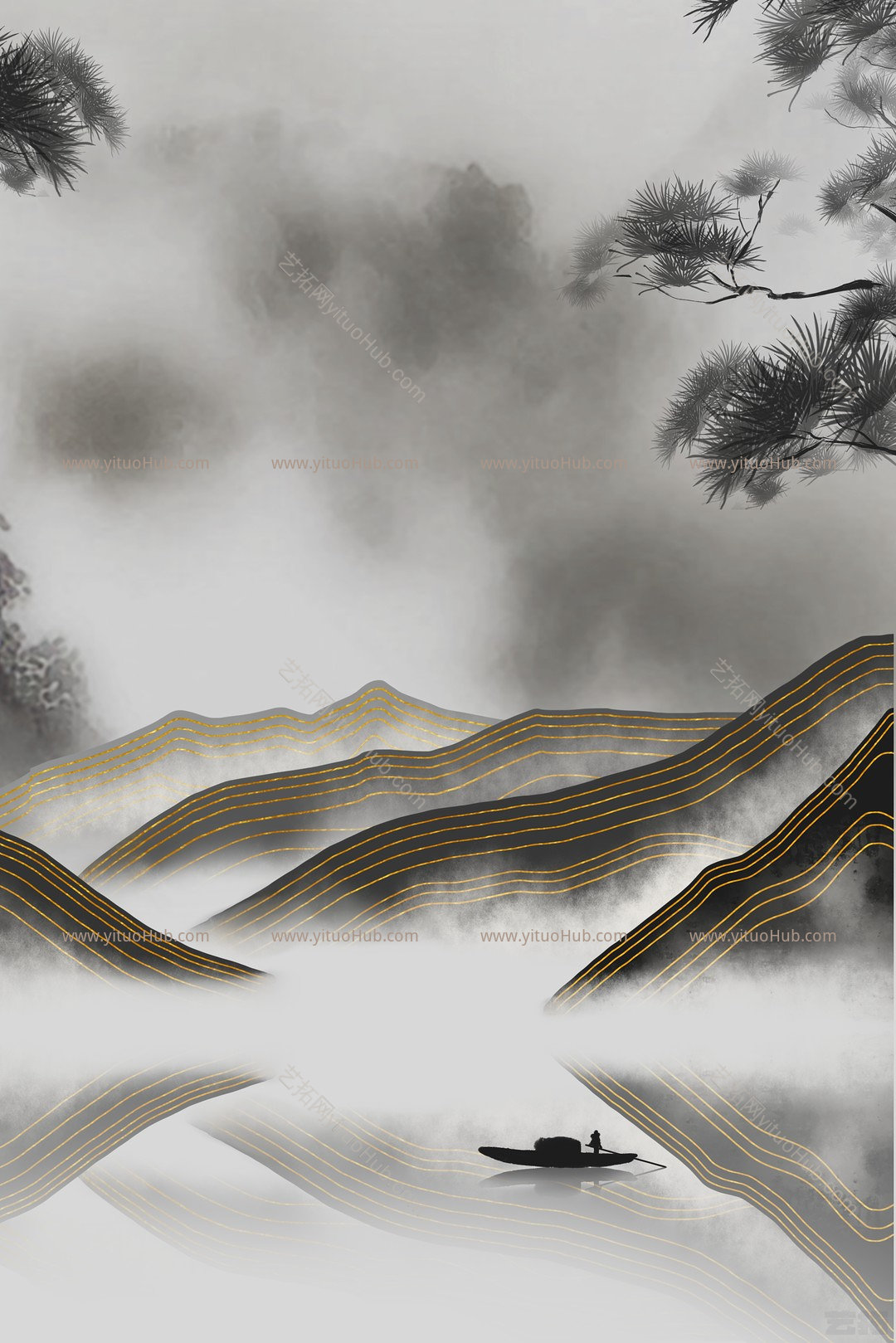 国潮复古烫金山水背景